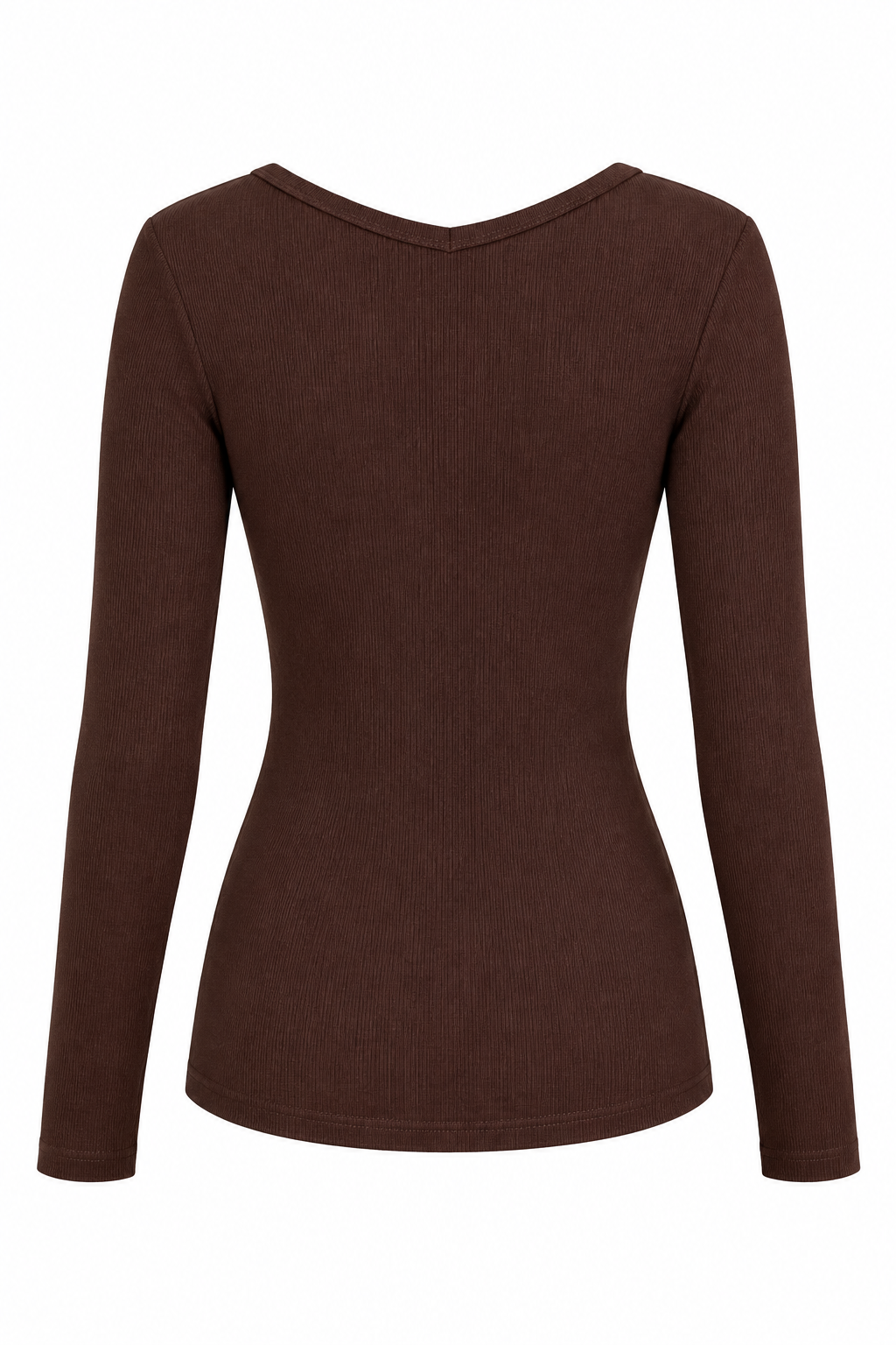Brown V-Neck Long Sleeve Top – Back View, White Background