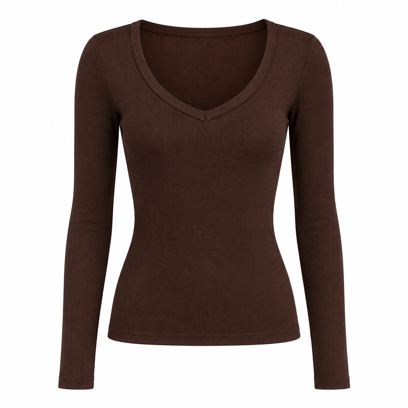 Brown V-Neck Long Sleeve Top – Front View, White Background
