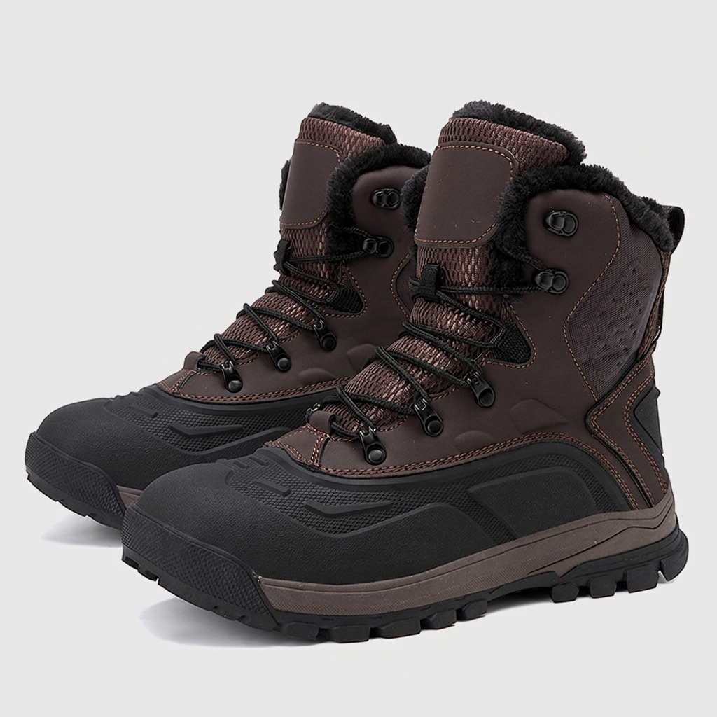 Brown winter boots on a plain light-gray background