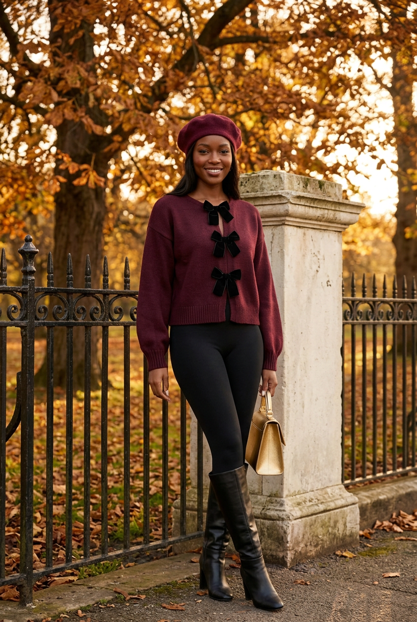 Burgundy bow cardigan second fall lifestyle look