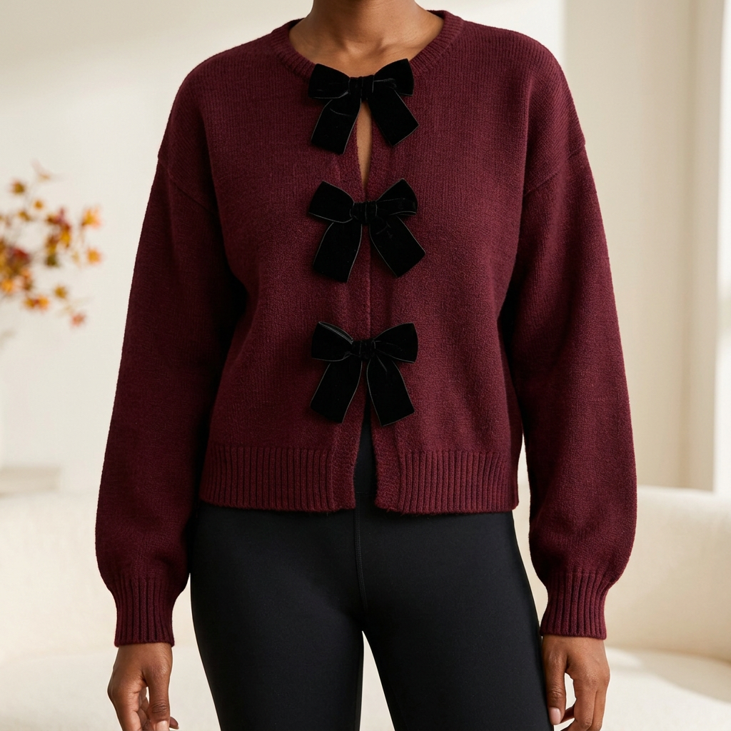 Burgundy cardigan knit and velvet bow close-up