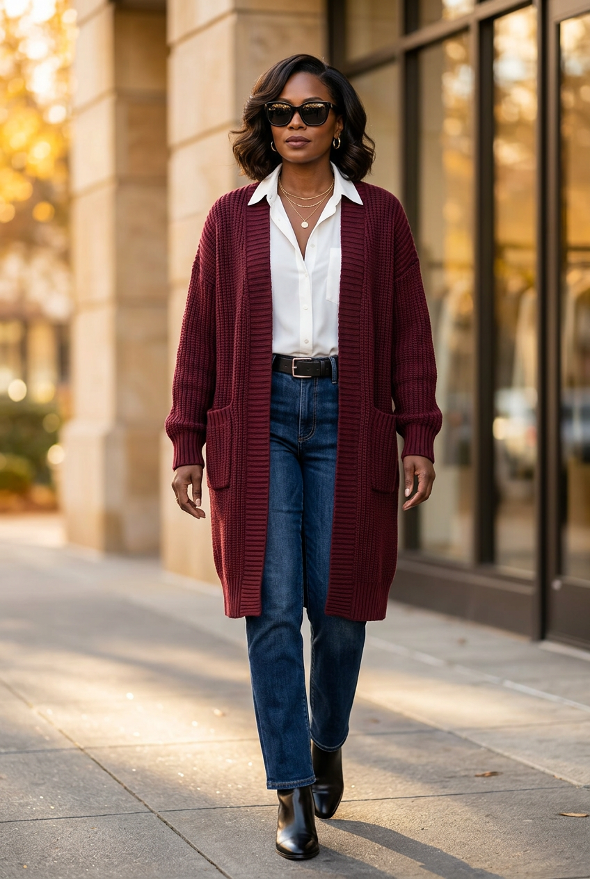 Burgundy cardigan styled with confident street-style swagger