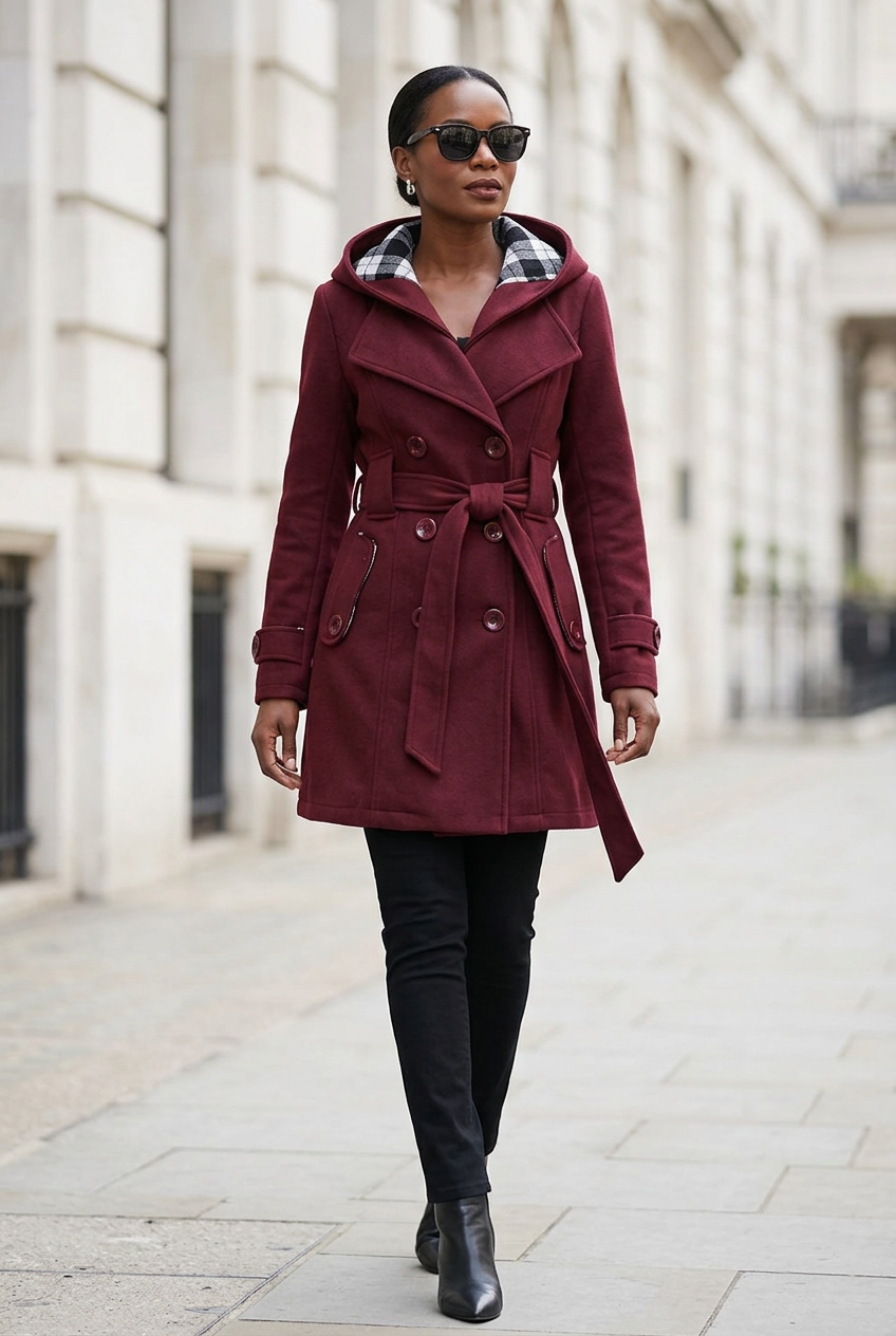 Burgundy hooded coat full-length styled preview