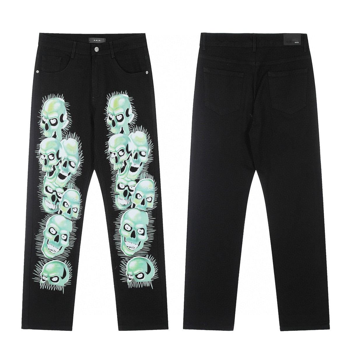 black jeans with mint colored skulls on a white background