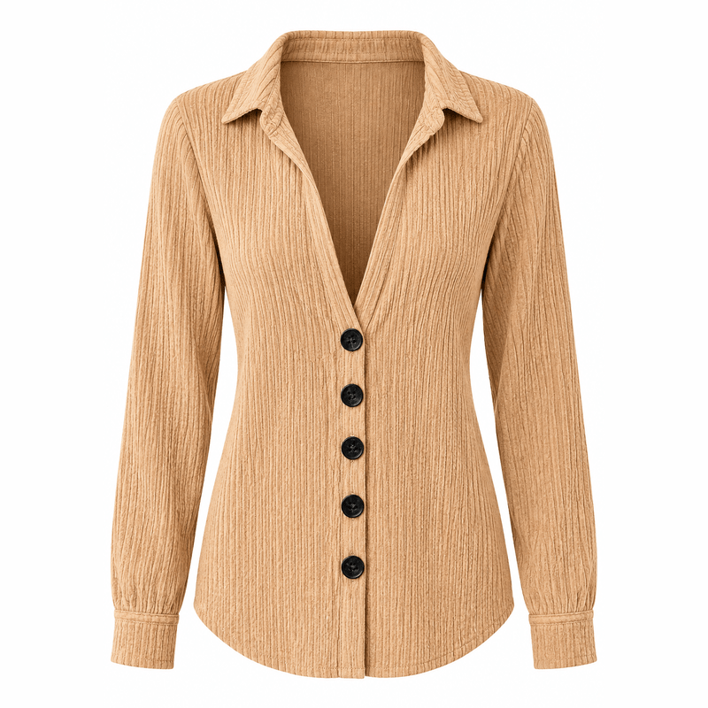 Camel Ribbed Button-Down Top – White Background