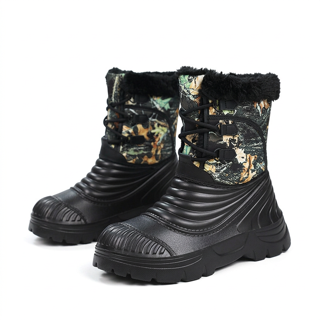 Camouflage winter boots on white