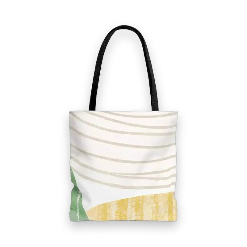 Front studio shot of green boho pattern large canvas tote bag