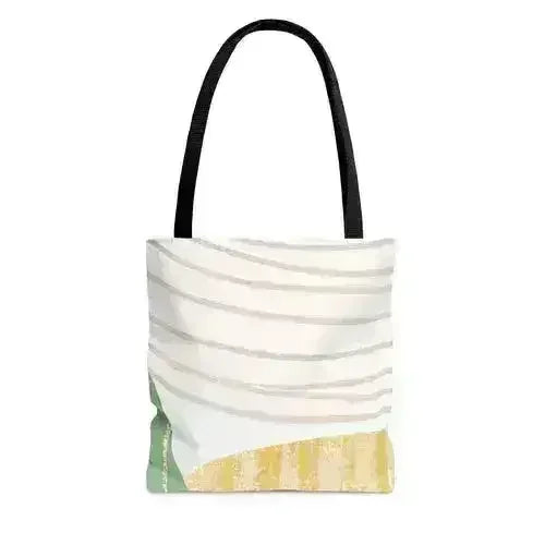 Angled view of green and mustard yellow textured large tote bag