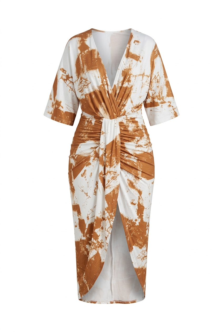 Caramel-and-white dress alone on a pure white background