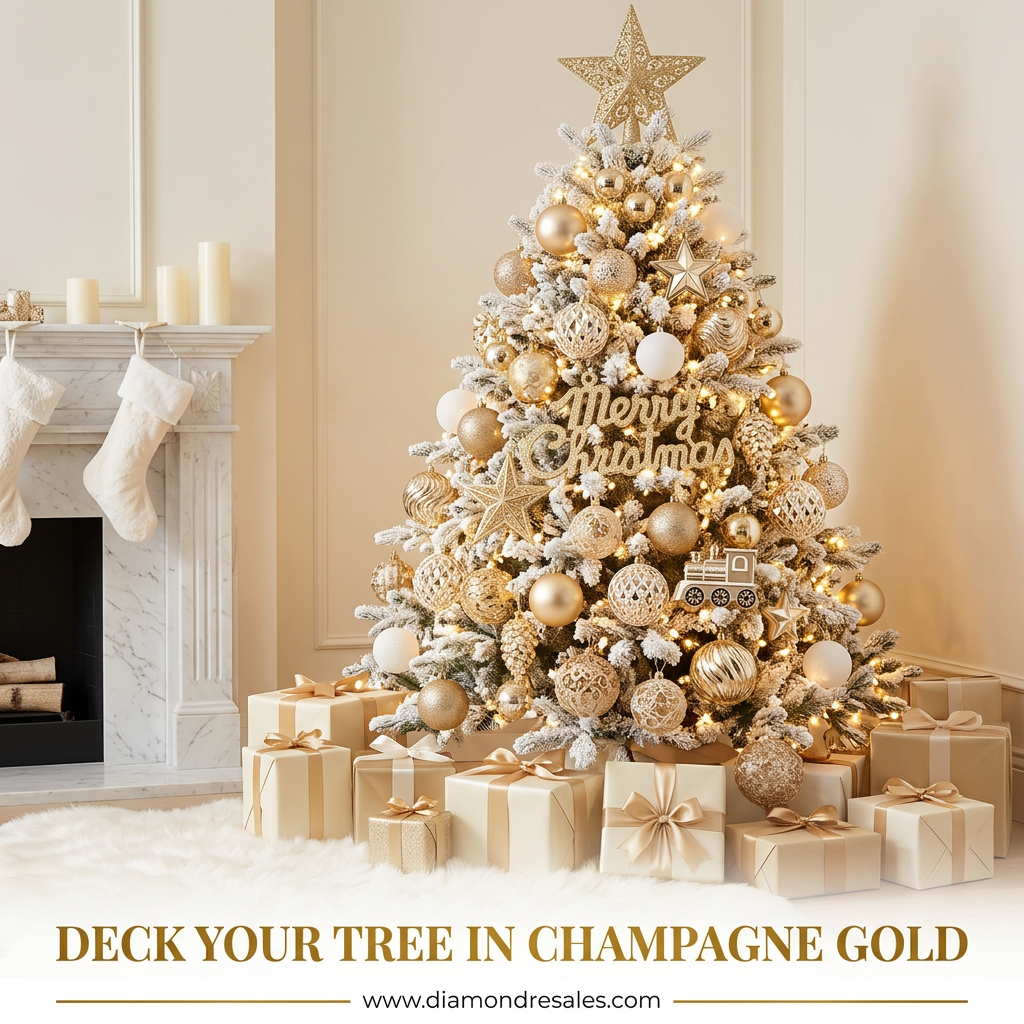 Champagne Ornament Set — White Flocked Tree Scene
