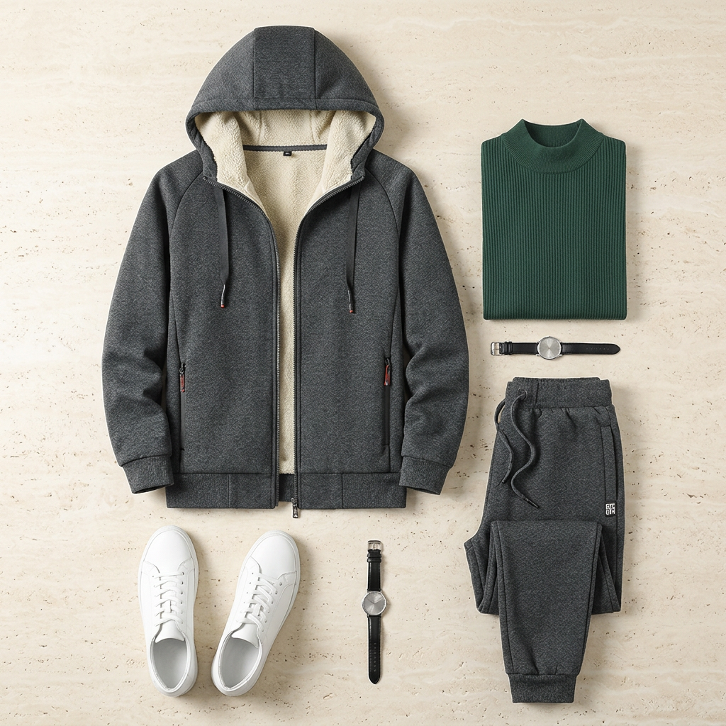 Charcoal grey jogger set flat lay with forest-green undershirt