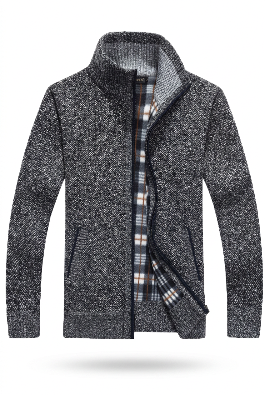 Charcoal knit jacket on an invisible mannequin against white