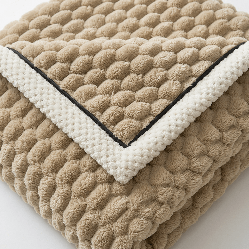 Close-up of the blanket’s plush texture, ivory reverse, and edging