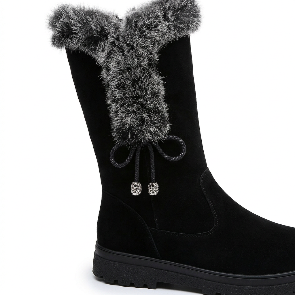 Close-up of the boots’ black upper, gray trim, silver-beaded ties, and sole texture