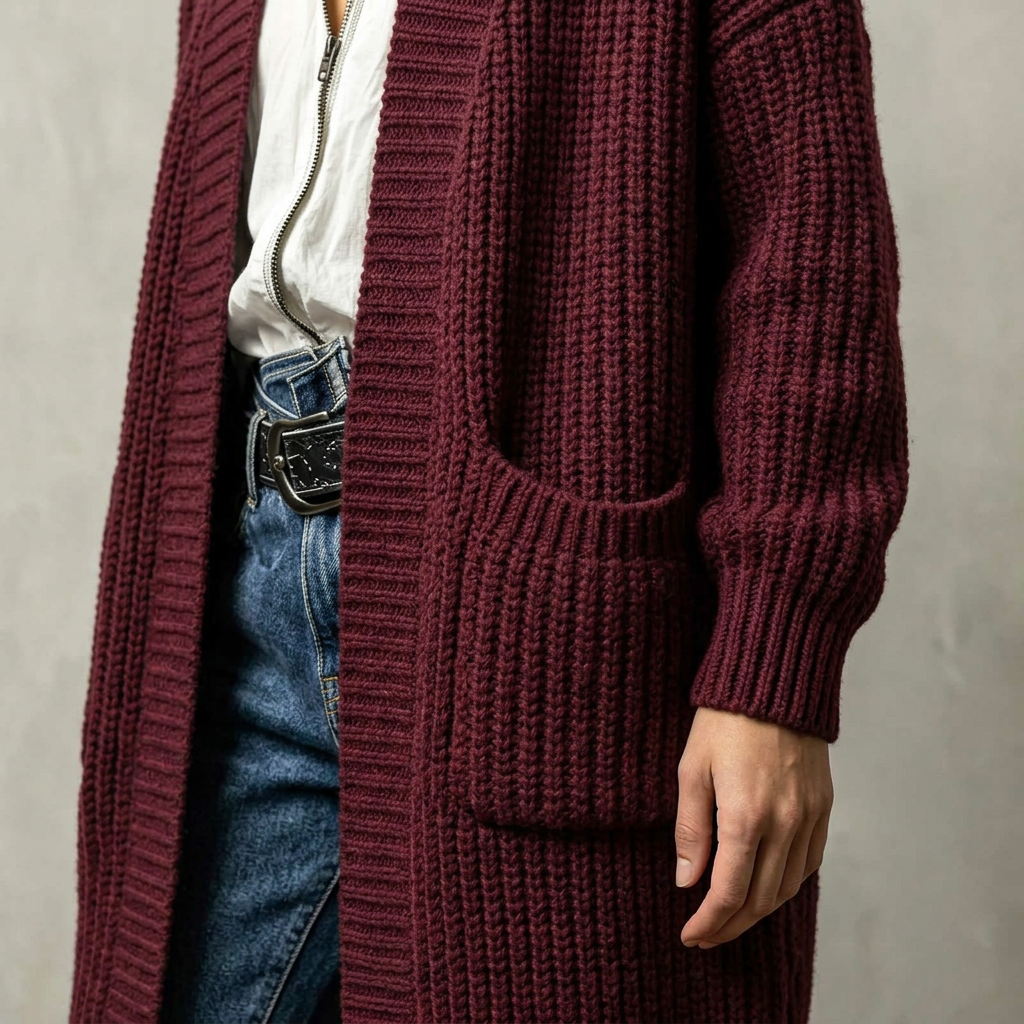 Close-up of the cardigan’s knit, ribbing and pocket