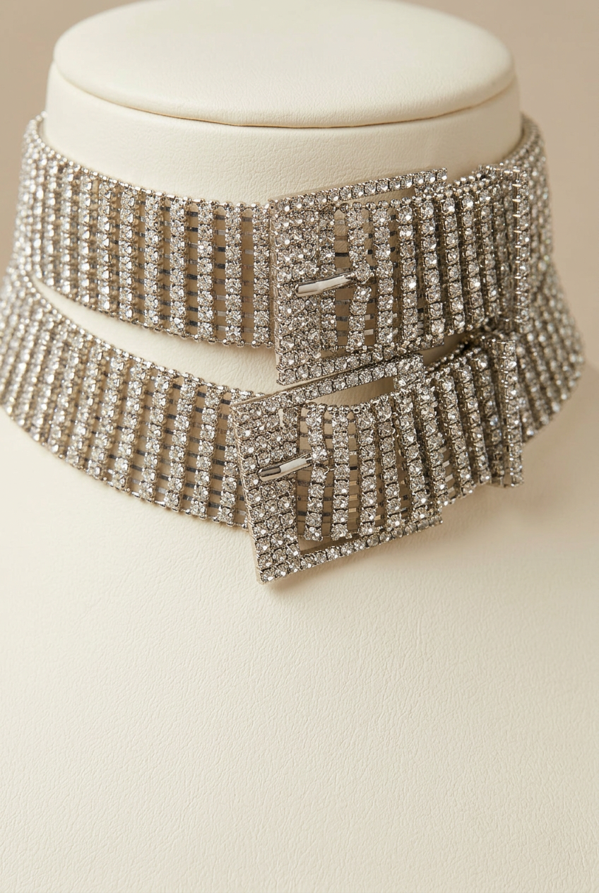 Close-up of the crystal rows and buckle details