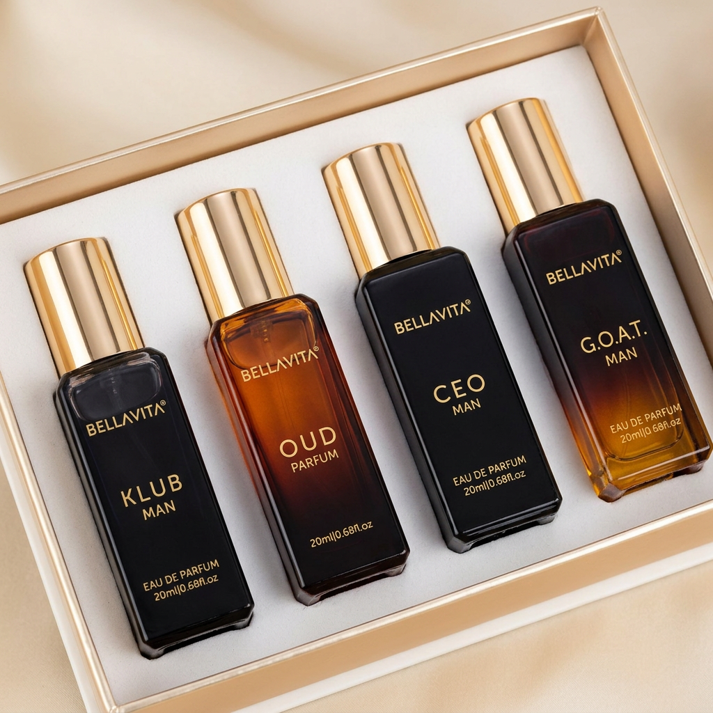 Close-up of the four BELLAVITA fragrances and gold caps