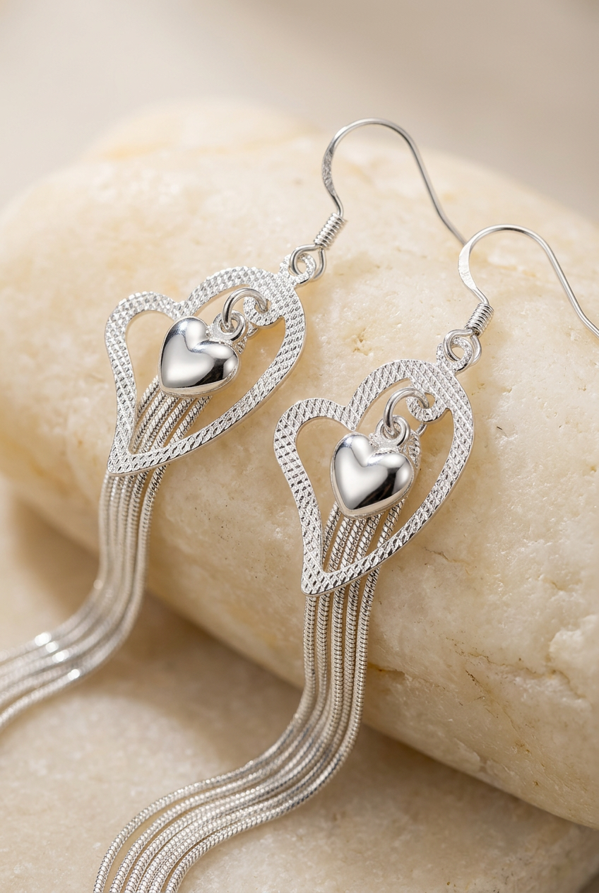 Close-up of the heart charms and fine chain tassels