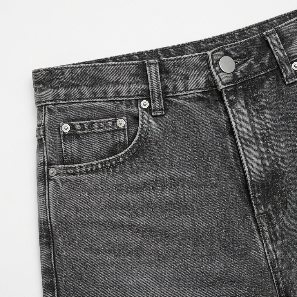 Close-up of the jeans’ waistband, pockets, and fly details