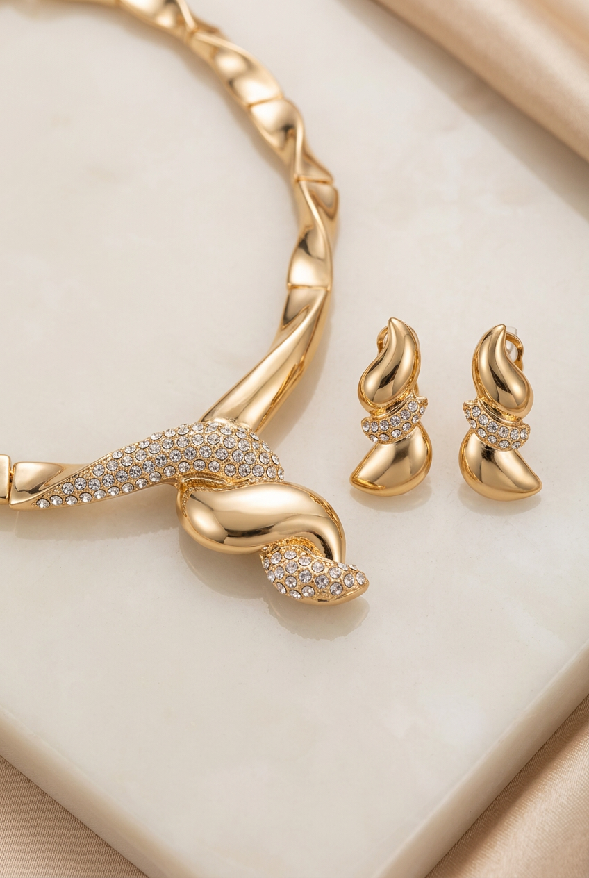 Close-up of the necklace centerpiece and matching earrings
