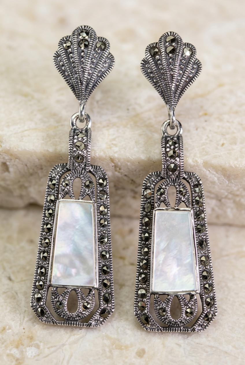 Close-up of the ornate openwork and pearly white insets
