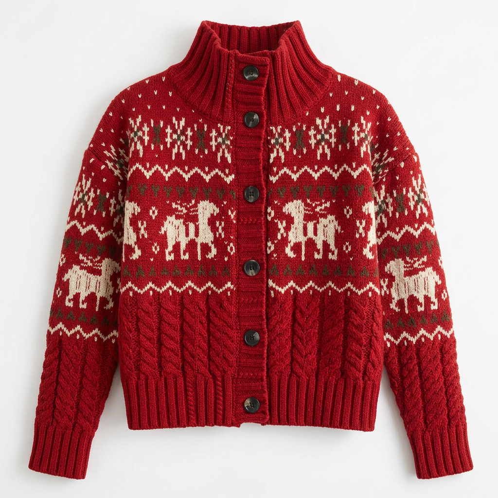 Close-up of the red cardigan’s reindeer pattern, buttons, and cable-knit texture