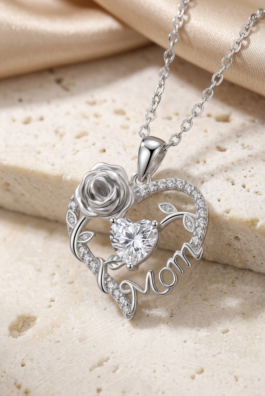 Close-up of the rose, heart-shaped stone, and Mom lettering