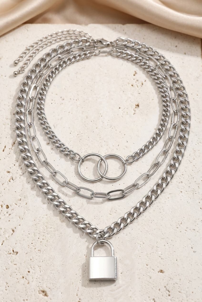 Close-up of the silver-tone chains, interlocking rings, and padlock