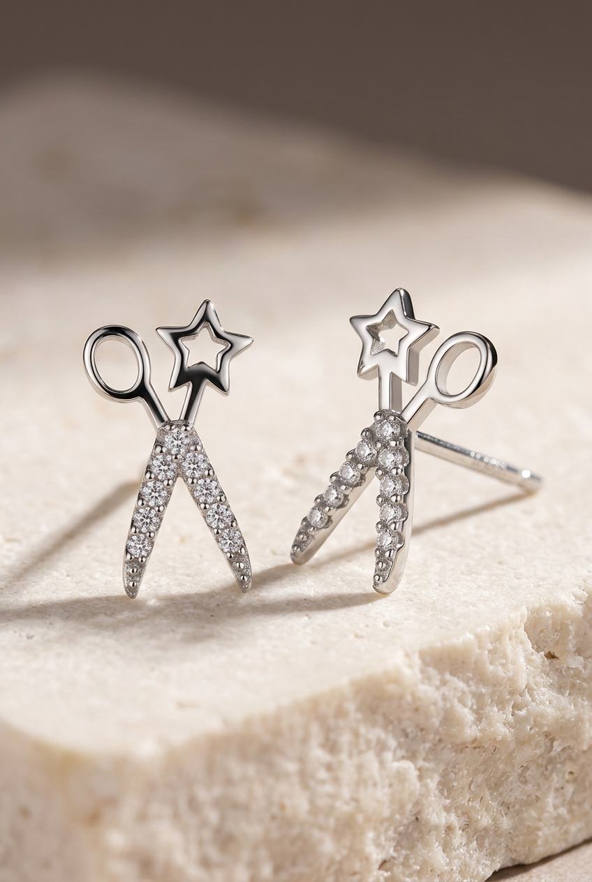 Close-up of the star handles, stone-set blades, and stud posts