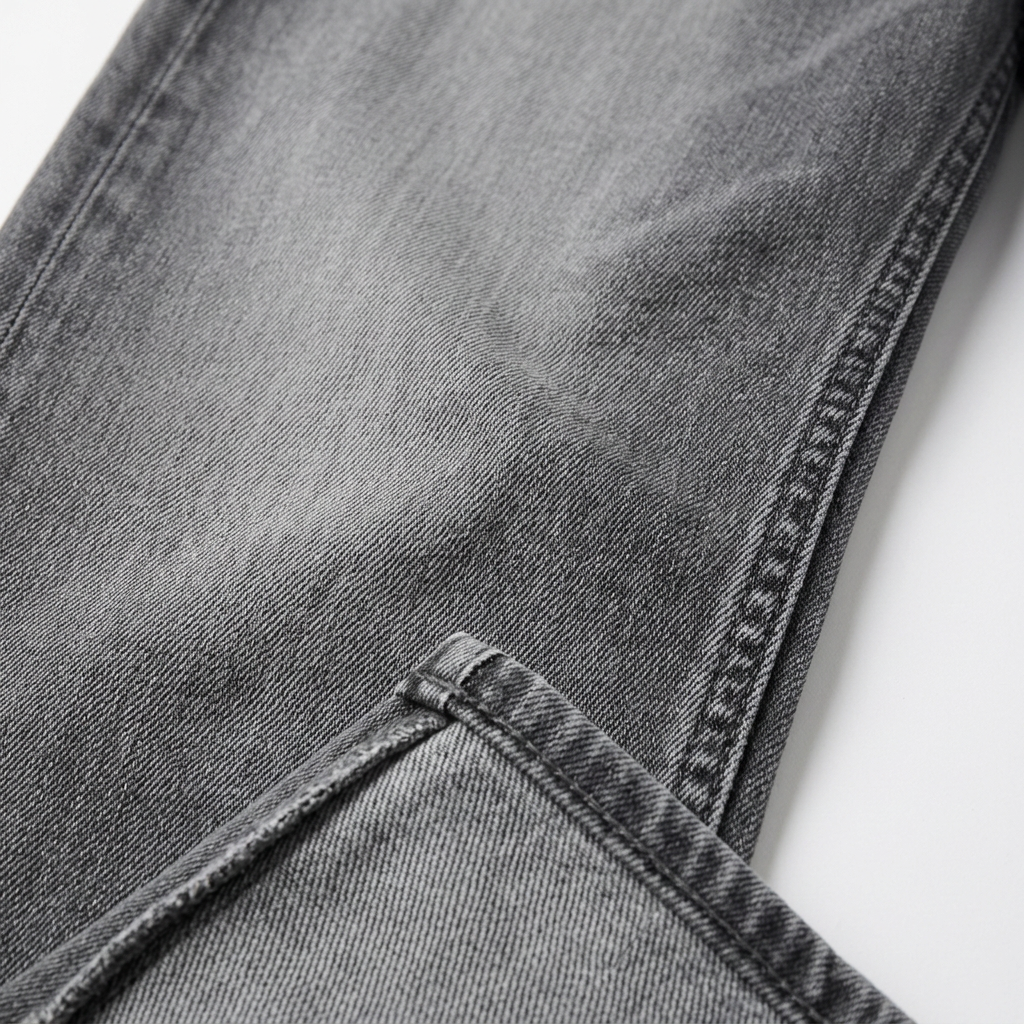 Close-up of the washed gray denim texture and seam finish