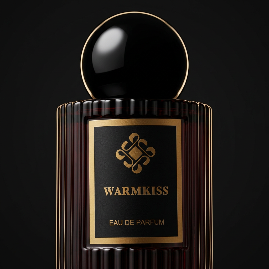 Close-up of WARMKISS spherical cap, fluted glass, and gold-bordered label