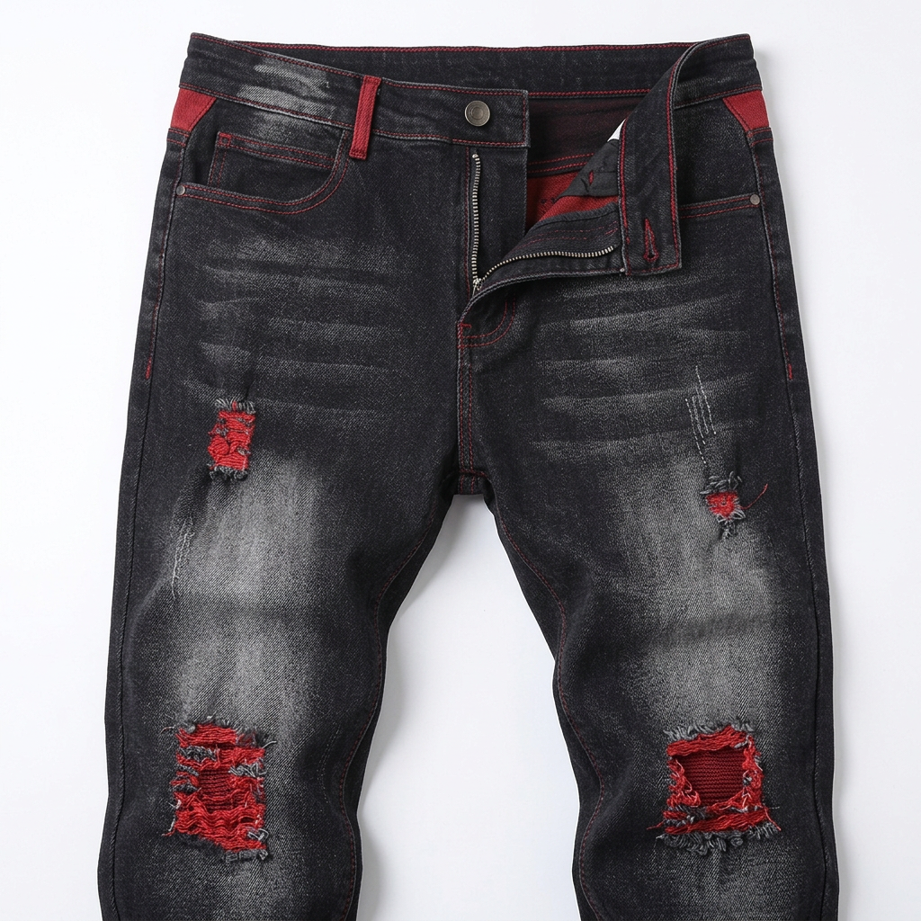 Close-up of washed black denim and red-backed distressed details