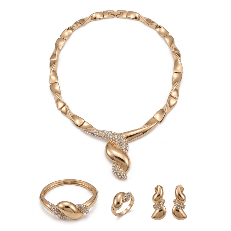 Complete gold-tone jewelry set on a white background