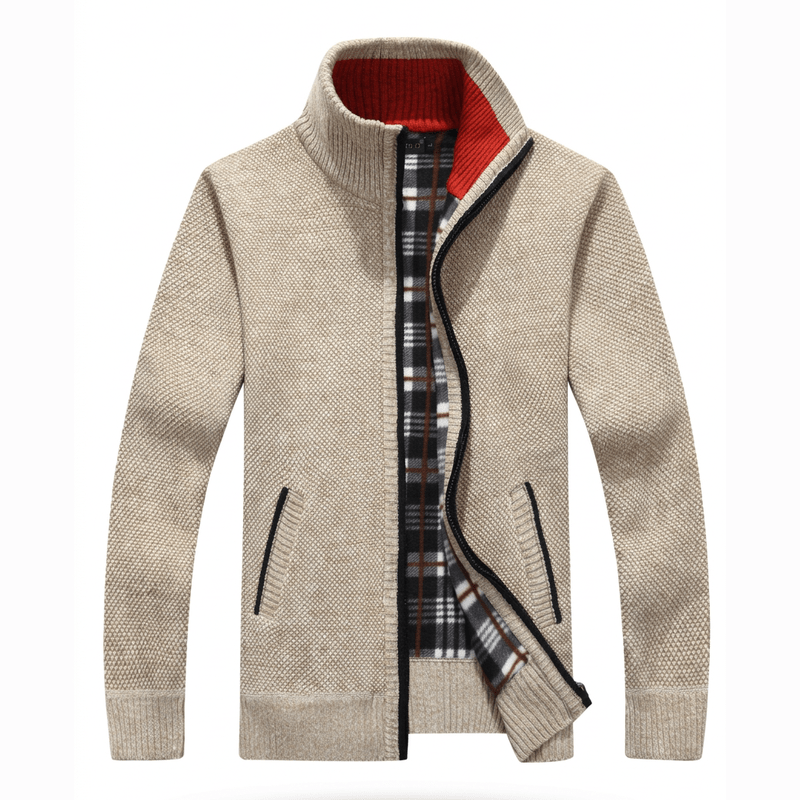 Cream knit jacket on an invisible mannequin against white
