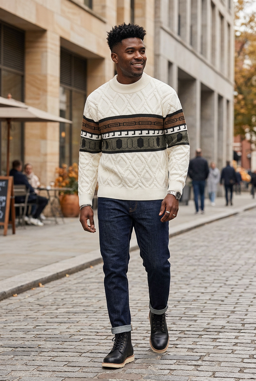 Cream patterned sweater lifestyle look