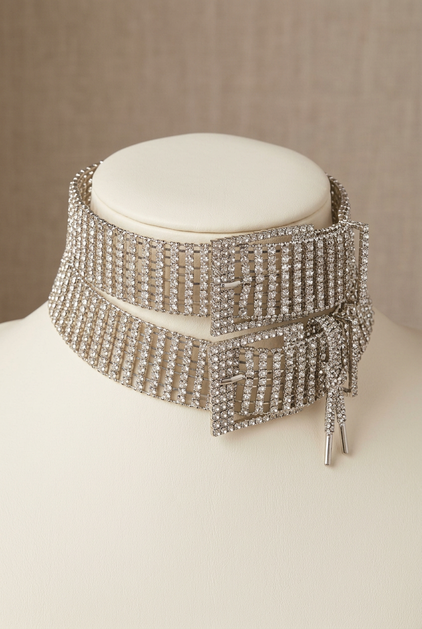 Crystal buckle choker on an ivory display