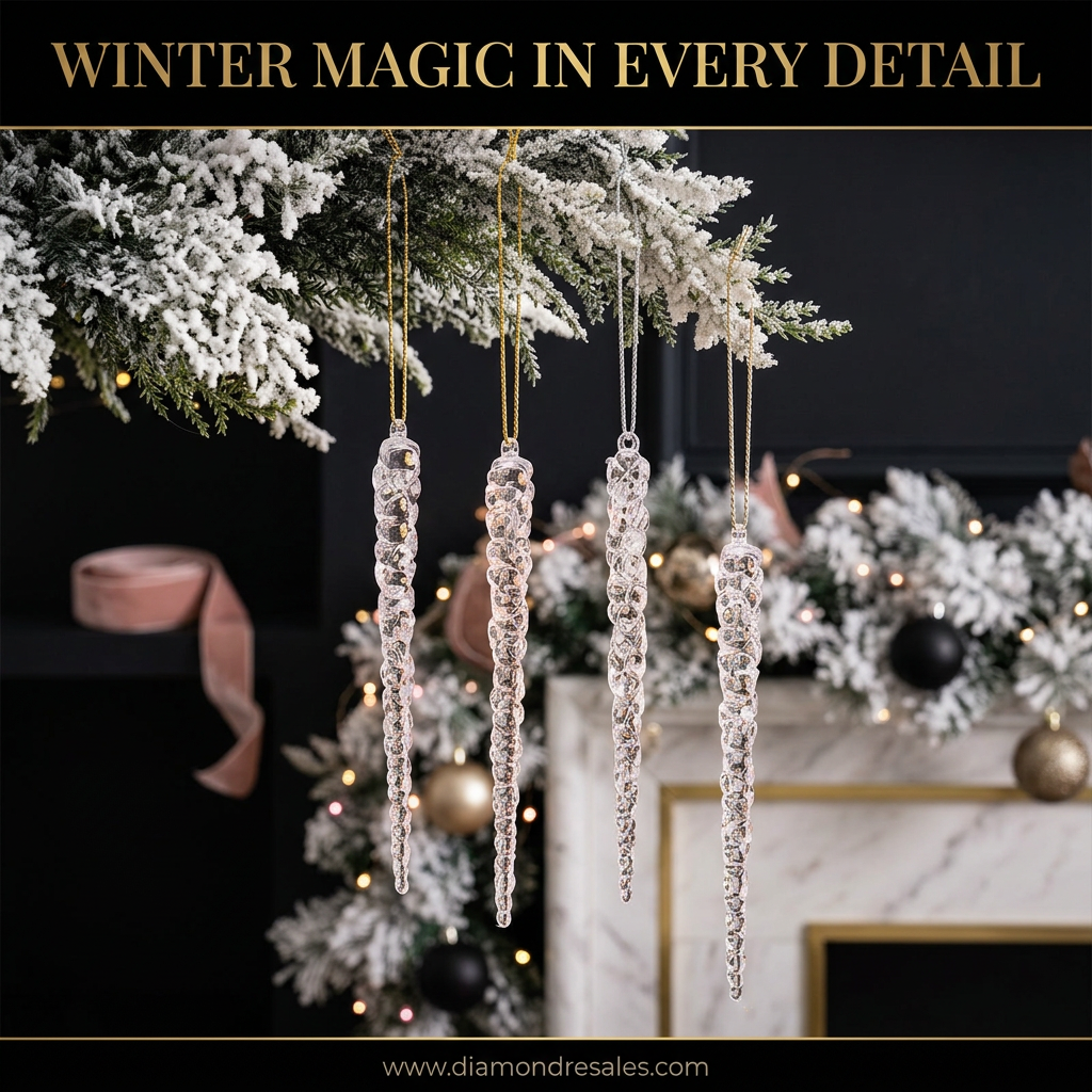 Crystal Icicle Ornaments — Warm Bokeh Close-Up