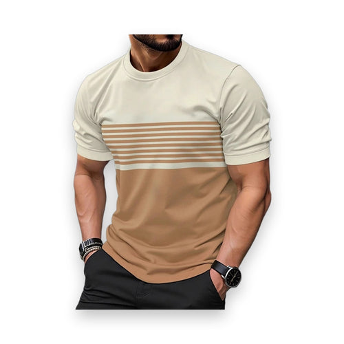Beige and light brown striped crew neck shirt detail