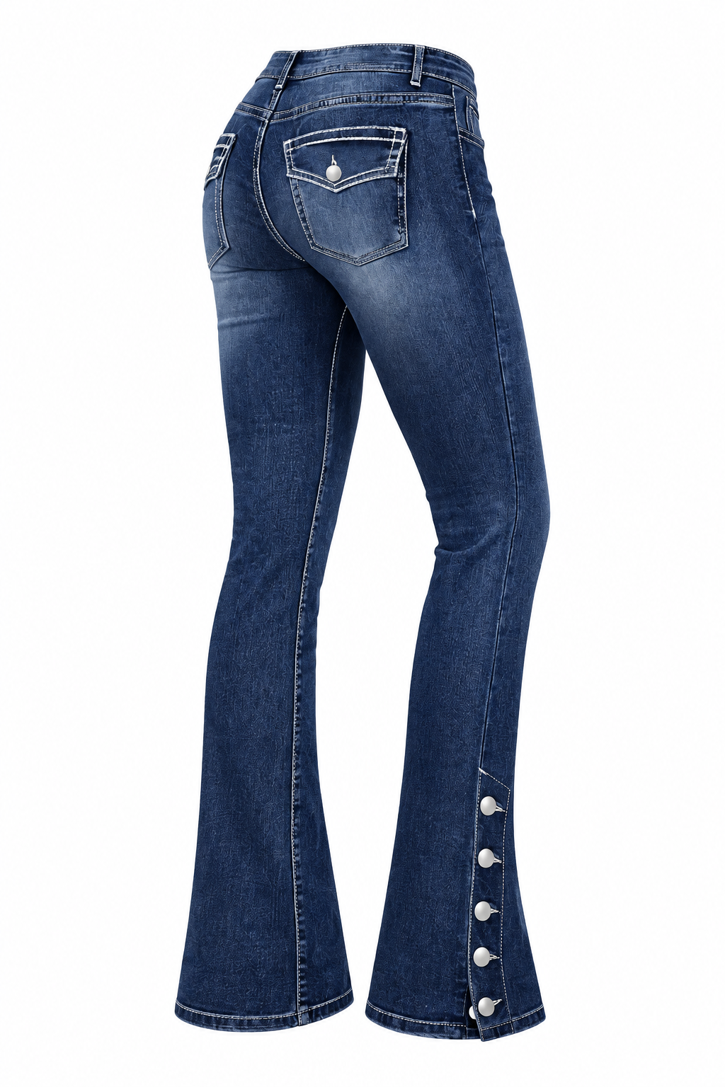 Dark Blue Bootcut Jeans – Back Angled View, White Background