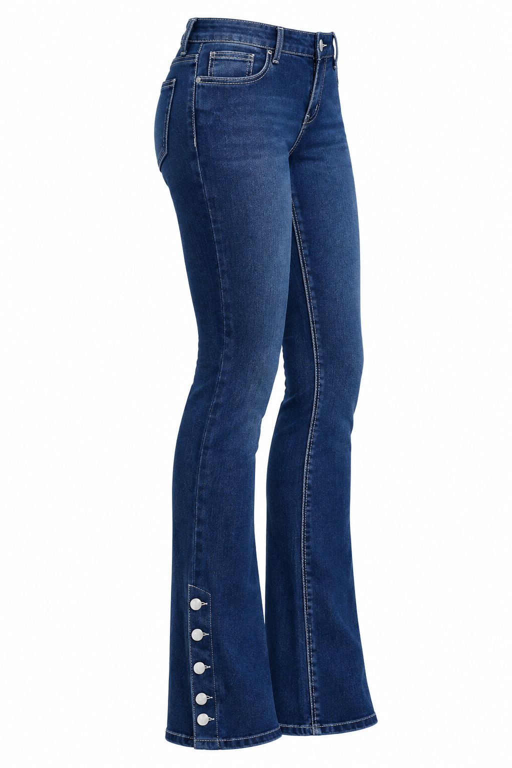 Dark Blue Bootcut Jeans – Side View, White Background