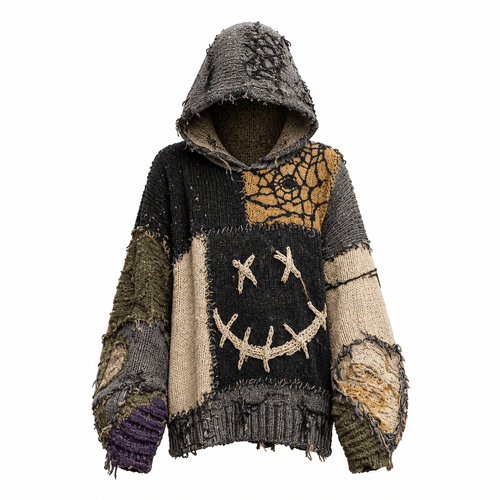 Dark Patchwork Graphic Hoodie – White Background