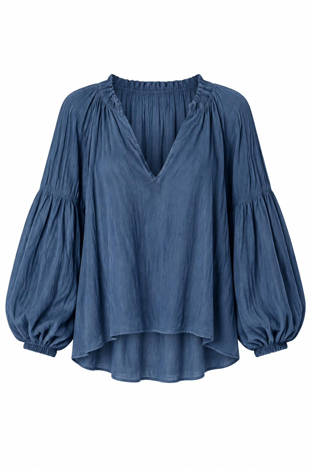 Denim Blue Boho Balloon Sleeve Blouse – White Background