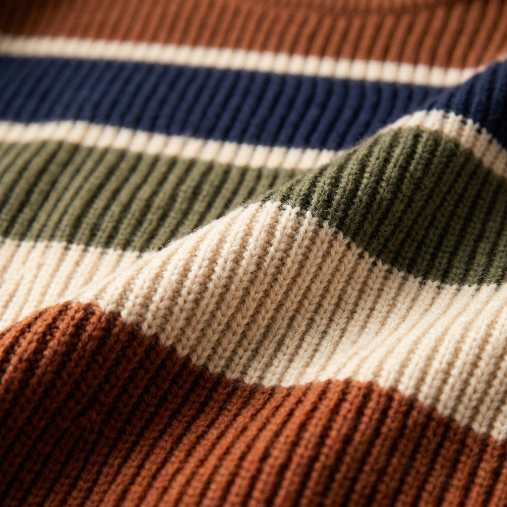 Close-up of ribbed knit texture on contrast color block stripe pullover sweater