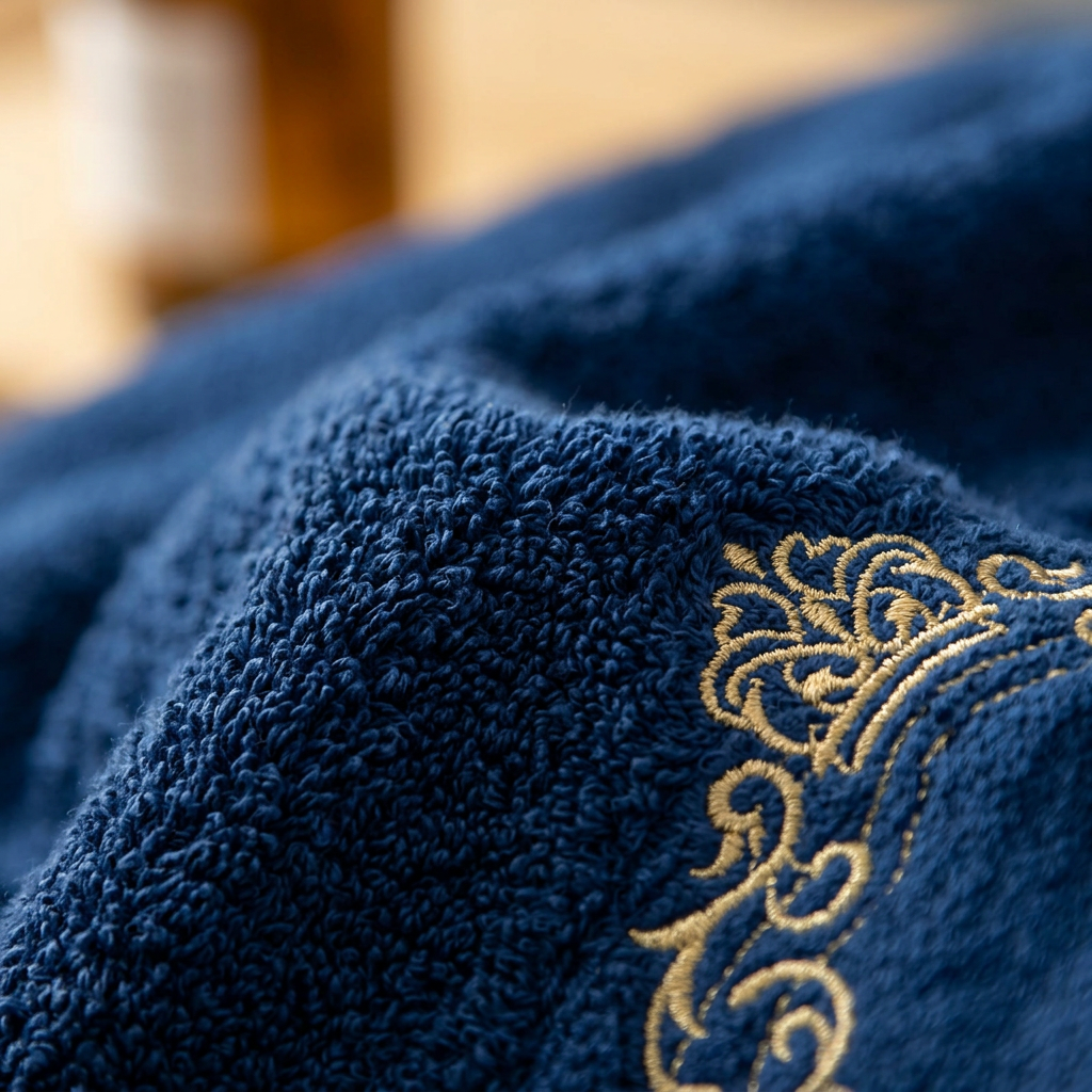 Close-up detail of gold embroidered crest on a luxury cotton bath towel.