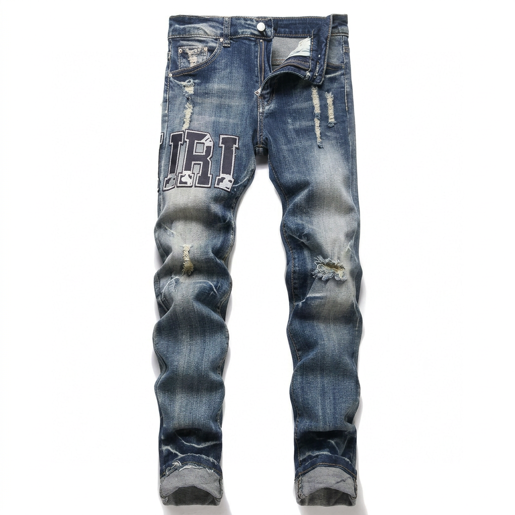 Distressed blue varsity-letter jeans product cover on white