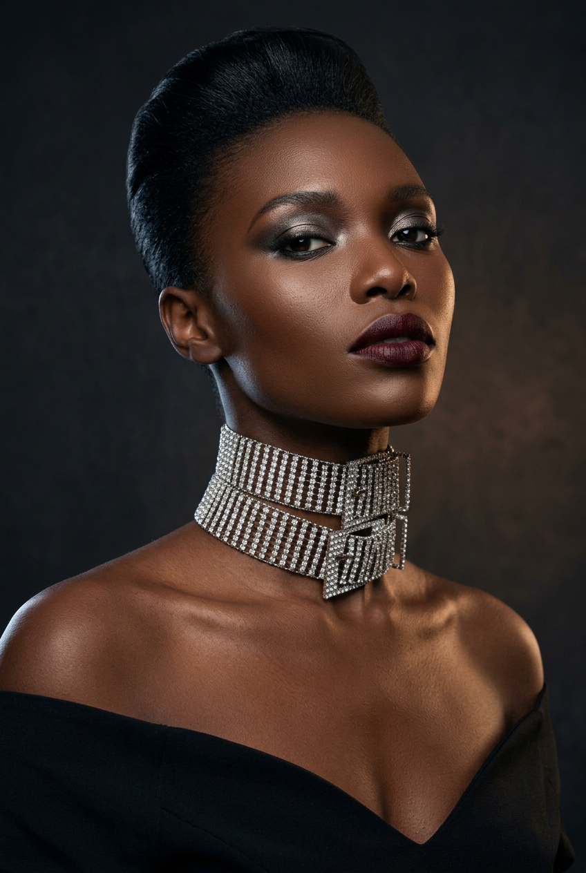 Dramatic high-fashion model portrait featuring the crystal buckle choker