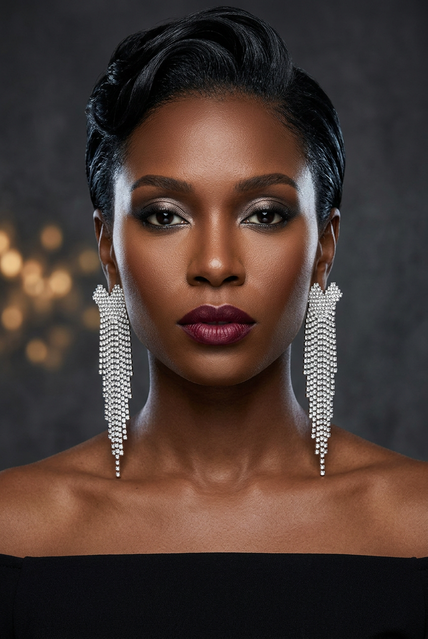 Dramatic model portrait featuring the clear fringe earrings