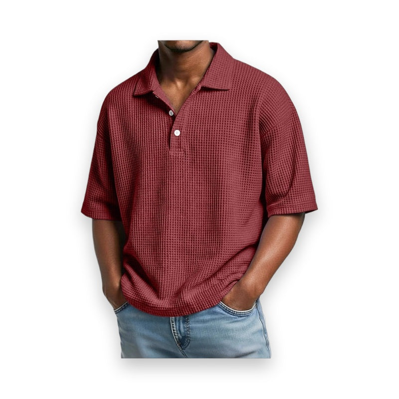 Men's dark red waffle knit polo shirt with button collar and slim fit