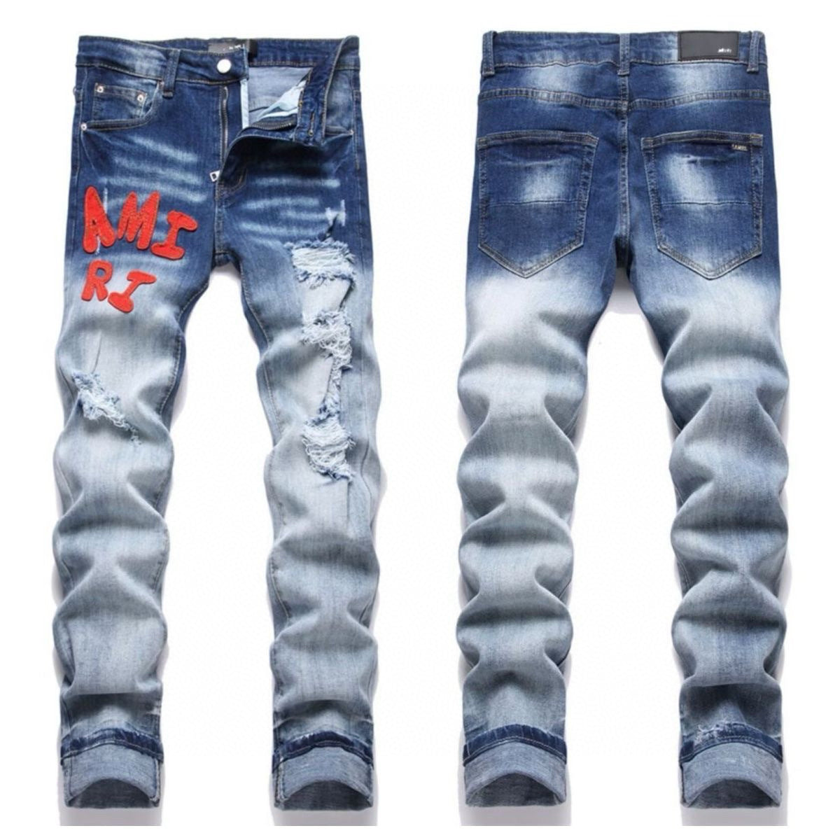 red letter distressed jeans front and back view