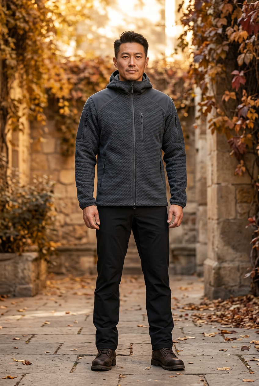 East Asian model wearing the charcoal jacket in an autumn courtyard